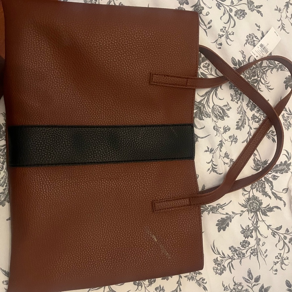 Elegant Vince Camuto Brown and Black Leather Tote Bag